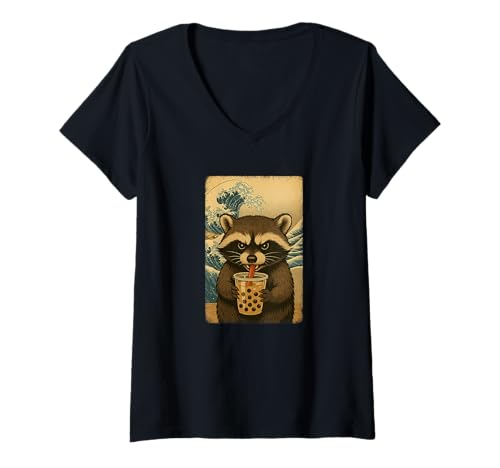 Damen Waschbär drinkt Bubble Tea Japanisches Vintage T-Shirt mit V-Ausschnitt Damen Waschbär drinkt Bubble Tea Japanisches Vintage T-Shirt mit V-Ausschnitt von Waschbär Bubble Tea Retro Kawaii Shop