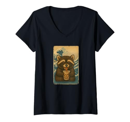 Damen Waschbär drinkt Bubble Tea Japanisches Vintage T-Shirt mit V-Ausschnitt Damen Waschbär drinkt Bubble Tea Japanisches Vintage T-Shirt mit V-Ausschnitt von Waschbär Bubble Tea Retro Kawaii Shop
