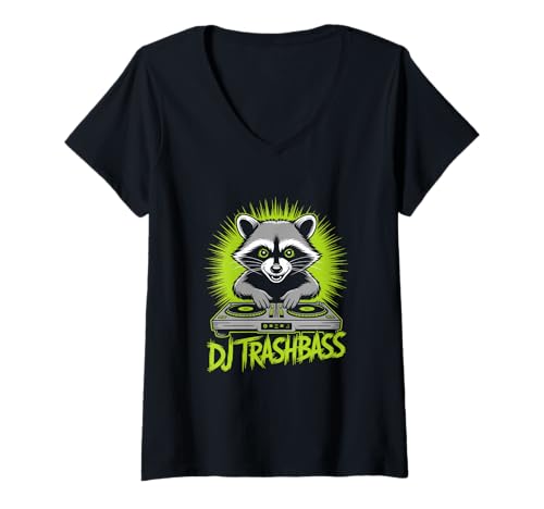 Damen DJ Trashbass Waschbär DJ Pult Rave Bass Musik Szene T-Shirt mit V-Ausschnitt Damen DJ Trashbass Waschbär DJ Pult Rave Bass Musik Szene T-Shirt mit V-Ausschnitt von Waschbär DJ Mischpult Club Rave Bass Musik