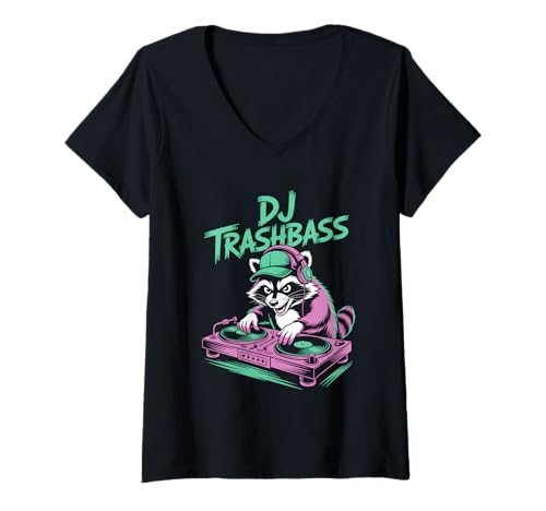 Damen DJ Trashbass Waschbär Turntables Bass Musik Rave T-Shirt mit V-Ausschnitt Damen DJ Trashbass Waschbär Turntables Bass Musik Rave T-Shirt mit V-Ausschnitt von Waschbär DJ Turntables Bass Club Rave Elektro
