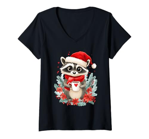 Damen Waschbär Kaffee Frauen Männer Kinder Weihnachten Waschbär T-Shirt mit V-Ausschnitt Damen Waschbär Kaffee Frauen Männer Kinder Weihnachten Waschbär T-Shirt mit V-Ausschnitt von Waschbär Kaffee Blumen Weihnachten Damen Herren