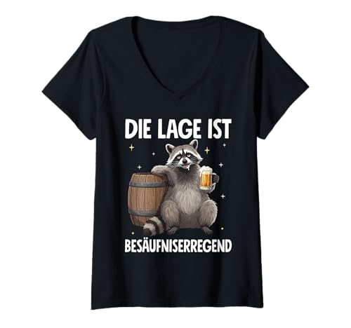 Damen Die Lage Ist Besäufniserregend T-Shirt mit V-Ausschnitt von Waschbär Outfits für Party und Kneipentour