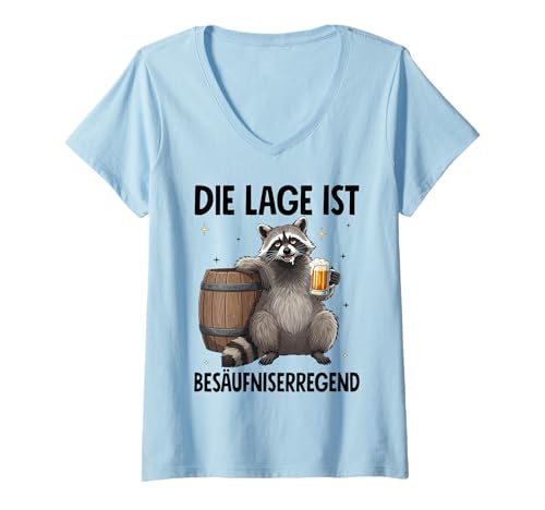 Damen Die Lage Ist Besäufniserregend T-Shirt mit V-Ausschnitt von Waschbär Outfits für Party und Kneipentour