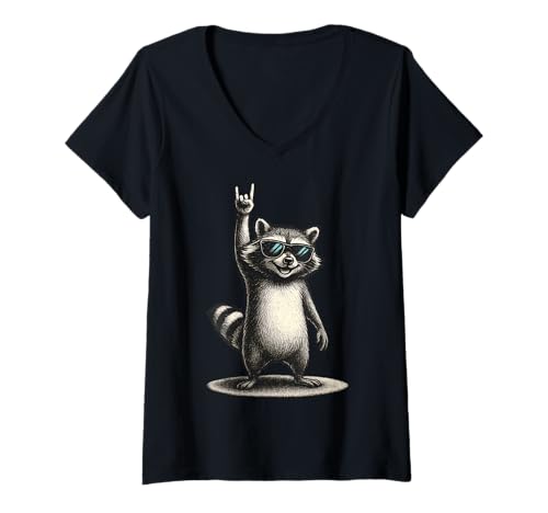 Damen Retro Waschbär Rock Musik Geschenk Lustiger Wachbär Racoon T-Shirt mit V-Ausschnitt von Waschbär Racoon Hard Rock Heavy Metal Fun Shirts