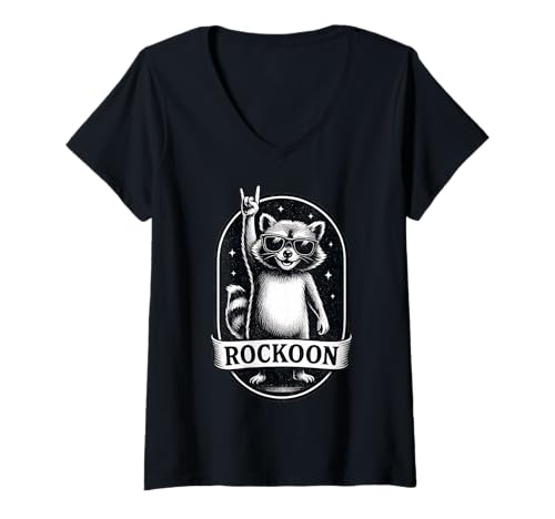 Damen Retro Waschbär Rock Musik Geschenk Lustiger Wachbär Racoon T-Shirt mit V-Ausschnitt von Waschbär Racoon Hard Rock Heavy Metal Fun Shirts