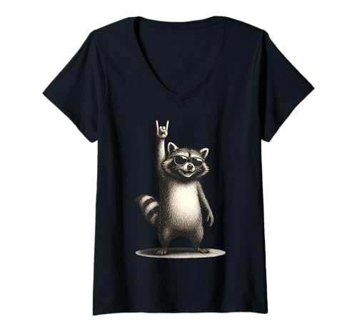 Damen Retro Waschbär Rock Musik Geschenk Lustiger Wachbär Racoon T-Shirt mit V-Ausschnitt von Waschbär Racoon Hard Rock Heavy Metal Fun Shirts