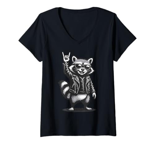 Damen Retro Waschbär Rock Musik Geschenk Lustiger Wachbär Racoon T-Shirt mit V-Ausschnitt von Waschbär Racoon Hard Rock Heavy Metal Fun Shirts
