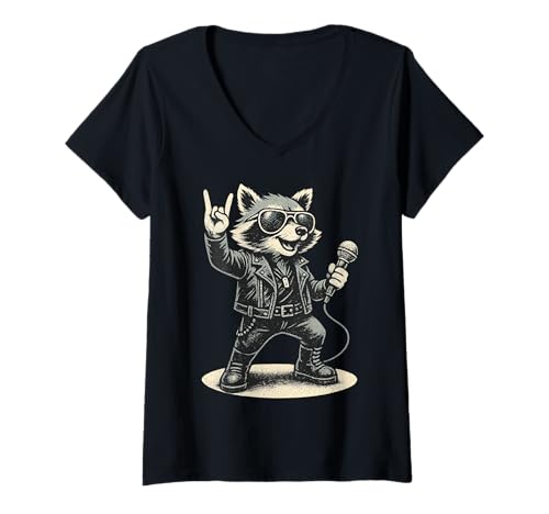 Damen Retro Waschbär Rock Musik Geschenk Lustiger Wachbär Racoon T-Shirt mit V-Ausschnitt von Waschbär Racoon Hard Rock Heavy Metal Fun Shirts