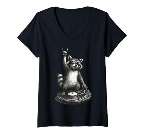 Damen Retro Waschbär Rock Musik Geschenk Lustiger Wachbär Racoon T-Shirt mit V-Ausschnitt von Waschbär Racoon Hard Rock Heavy Metal Fun Shirts