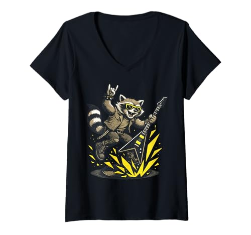 Damen Retro Waschbär Rock Musik Geschenk Lustiger Wachbär Racoon T-Shirt mit V-Ausschnitt von Waschbär Racoon Hard Rock Heavy Metal Fun Shirts
