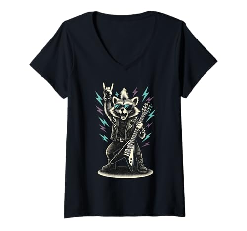 Damen Retro Waschbär Rock Musik Geschenk Lustiger Wachbär Racoon T-Shirt mit V-Ausschnitt von Waschbär Racoon Hard Rock Heavy Metal Fun Shirts