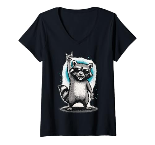 Damen Retro Waschbär Rock Musik Geschenk Lustiger Wachbär Racoon T-Shirt mit V-Ausschnitt von Waschbär Racoon Hard Rock Heavy Metal Fun Shirts