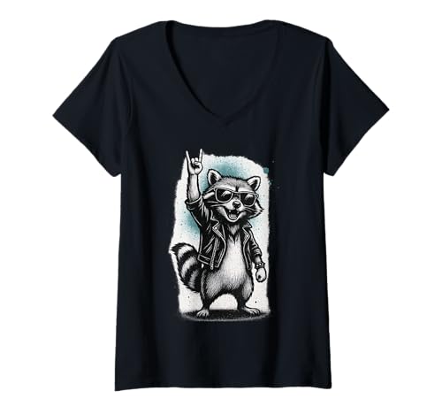 Damen Retro Waschbär Rock Musik Geschenk Lustiger Wachbär Racoon T-Shirt mit V-Ausschnitt von Waschbär Racoon Hard Rock Heavy Metal Fun Shirts
