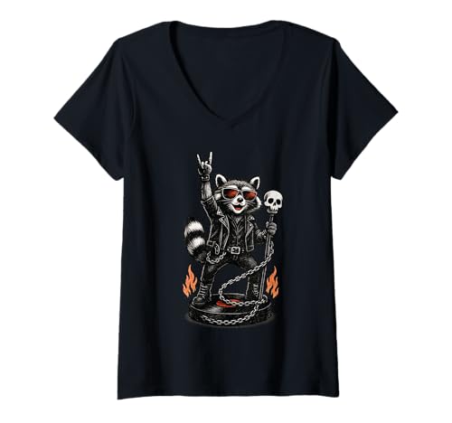 Damen Retro Waschbär Rock Musik Geschenk Lustiger Wachbär Racoon T-Shirt mit V-Ausschnitt von Waschbär Racoon Hard Rock Heavy Metal Fun Shirts