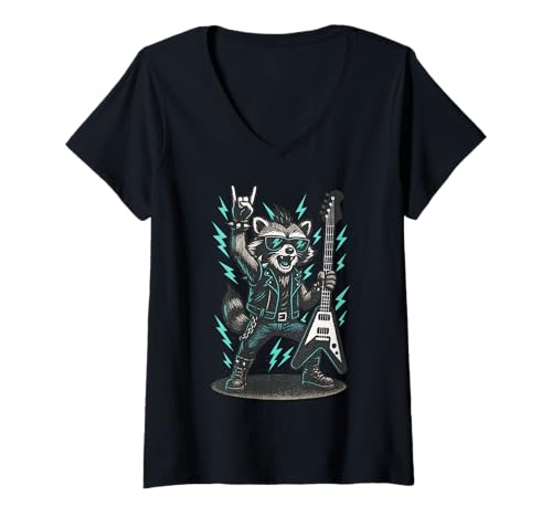 Damen Retro Waschbär Rock Musik Geschenk Lustiger Wachbär Racoon T-Shirt mit V-Ausschnitt Damen Retro Waschbär Rock Musik Geschenk Lustiger Wachbär Racoon T-Shirt mit V-Ausschnitt von Waschbär Racoon Hard Rock Heavy Metal Fun Shirts