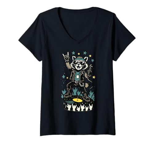 Damen Retro Waschbär Rock Musik Geschenk Lustiger Wachbär Racoon T-Shirt mit V-Ausschnitt von Waschbär Racoon Hard Rock Heavy Metal Fun Shirts