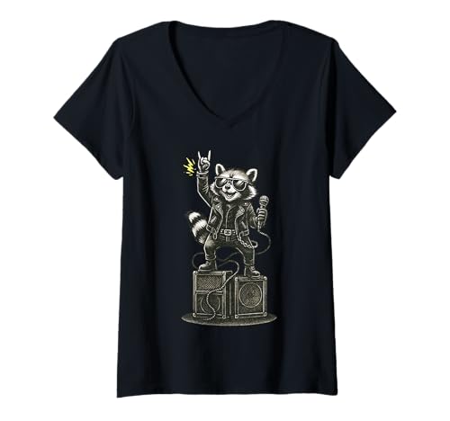 Damen Retro Waschbär Rock Musik Geschenk Lustiger Wachbär Racoon T-Shirt mit V-Ausschnitt von Waschbär Racoon Hard Rock Heavy Metal Fun Shirts