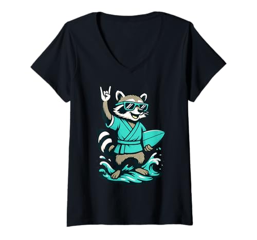 Damen Waschbär Surfer Wellensurfen Surfboard Zen Racoon T-Shirt mit V-Ausschnitt von Waschbär Racoon Hard Rock Heavy Metal Fun Shirts