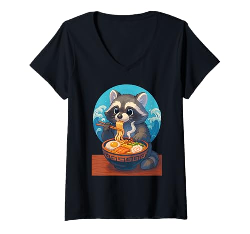 Damen Waschbär isst Ramen Nudeln Japanisches Vintage T-Shirt mit V-Ausschnitt Damen Waschbär isst Ramen Nudeln Japanisches Vintage T-Shirt mit V-Ausschnitt von Waschbär Ramen Nudeln Retro Kawaii Shop