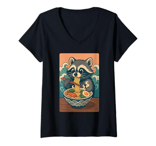 Damen Waschbär isst Ramen Nudeln Japanisches Vintage T-Shirt mit V-Ausschnitt Damen Waschbär isst Ramen Nudeln Japanisches Vintage T-Shirt mit V-Ausschnitt von Waschbär Ramen Nudeln Retro Kawaii Shop