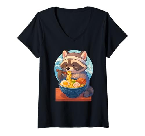 Damen Waschbär isst Ramen Nudeln Japanisches Vintage T-Shirt mit V-Ausschnitt Damen Waschbär isst Ramen Nudeln Japanisches Vintage T-Shirt mit V-Ausschnitt von Waschbär Ramen Nudeln Retro Kawaii Shop