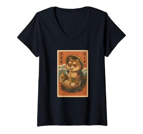 Damen Waschbär isst Ramen Nudeln Japanisches Vintage T-Shirt mit V-Ausschnitt Damen Waschbär isst Ramen Nudeln Japanisches Vintage T-Shirt mit V-Ausschnitt von Waschbär Ramen Nudeln Retro Kawaii Shop