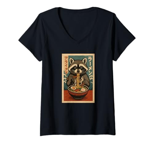 Damen Waschbär isst Ramen Nudeln Japanisches Vintage T-Shirt mit V-Ausschnitt Damen Waschbär isst Ramen Nudeln Japanisches Vintage T-Shirt mit V-Ausschnitt von Waschbär Ramen Nudeln Retro Kawaii Shop