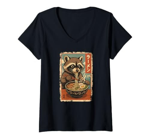 Damen Waschbär isst Ramen Nudeln Japanisches Vintage T-Shirt mit V-Ausschnitt Damen Waschbär isst Ramen Nudeln Japanisches Vintage T-Shirt mit V-Ausschnitt von Waschbär Ramen Nudeln Retro Kawaii Shop