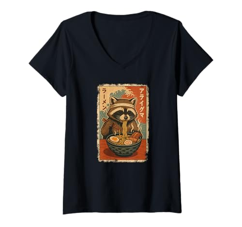 Damen Waschbär isst Ramen Nudeln Japanisches Vintage T-Shirt mit V-Ausschnitt Damen Waschbär isst Ramen Nudeln Japanisches Vintage T-Shirt mit V-Ausschnitt von Waschbär Ramen Nudeln Retro Kawaii Shop