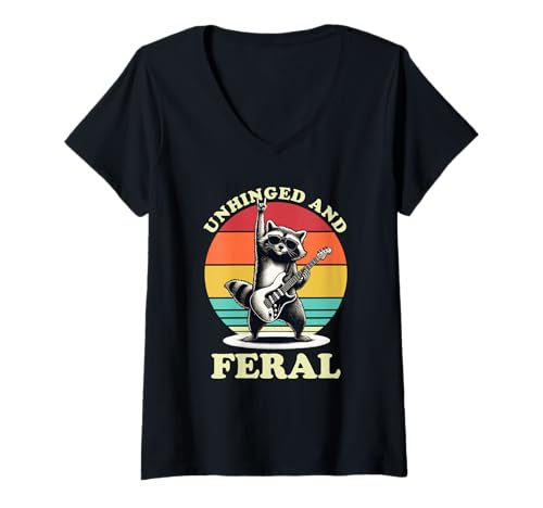 Damen Unhinged und Wilder Waschbär Retro Gitarre lustig T-Shirt mit V-Ausschnitt Damen Unhinged und Wilder Waschbär Retro Gitarre lustig T-Shirt mit V-Ausschnitt von Waschbär Rockbekleidung ausgelöst