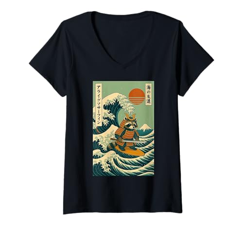 Damen Waschbär Samurai Surfen Japanische Welle T-Shirt mit V-Ausschnitt Damen Waschbär Samurai Surfen Japanische Welle T-Shirt mit V-Ausschnitt von Waschbär Surfer Große Welle Katana Anime Kawaii