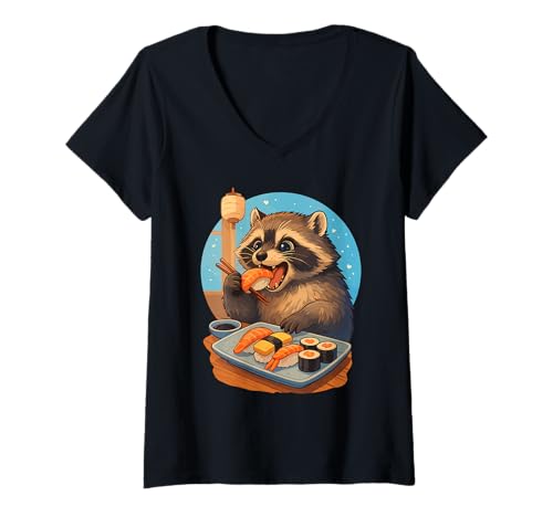 Damen Waschbär isst Sushi Japanisches Vintage T-Shirt mit V-Ausschnitt von Waschbär Sushi Retro Kawaii Shop
