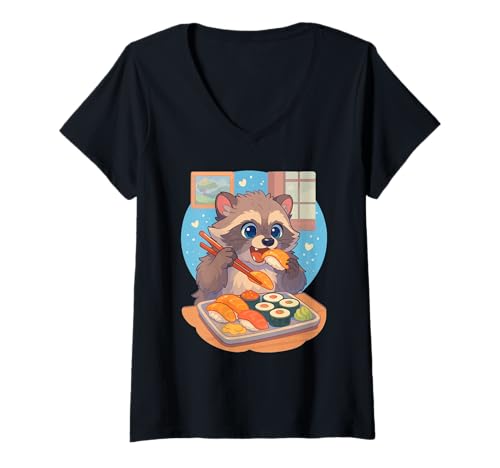 Damen Waschbär isst Sushi Japanisches Vintage T-Shirt mit V-Ausschnitt von Waschbär Sushi Retro Kawaii Shop
