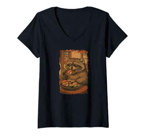 Damen Waschbär isst Sushi Japanisches Vintage T-Shirt mit V-Ausschnitt von Waschbär Sushi Retro Kawaii Shop