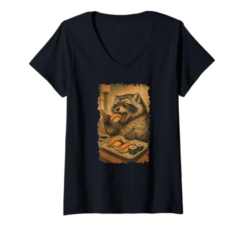 Damen Waschbär isst Sushi Japanisches Vintage T-Shirt mit V-Ausschnitt von Waschbär Sushi Retro Kawaii Shop