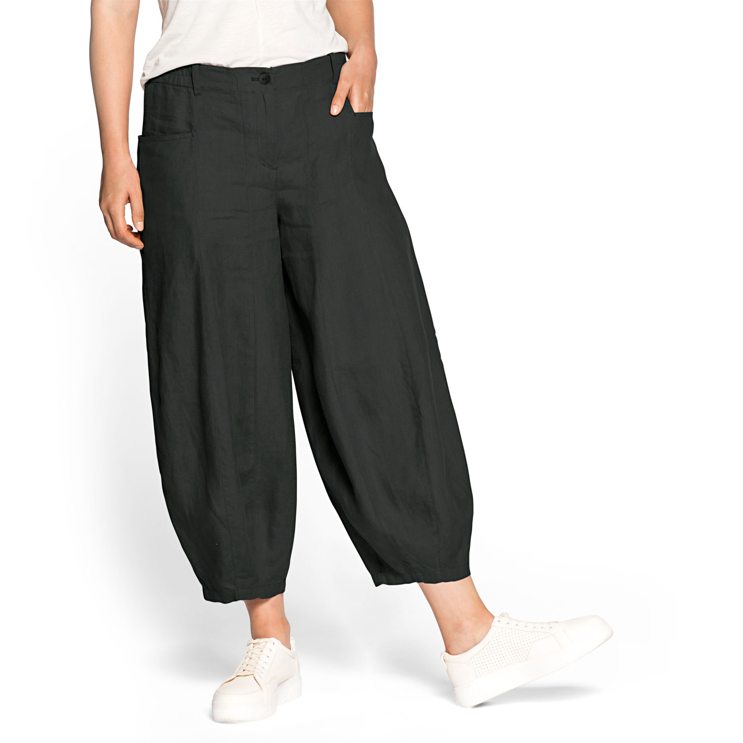 7/8-Leinenhose mit weitem Bein, schwarz 42 von Waschbär