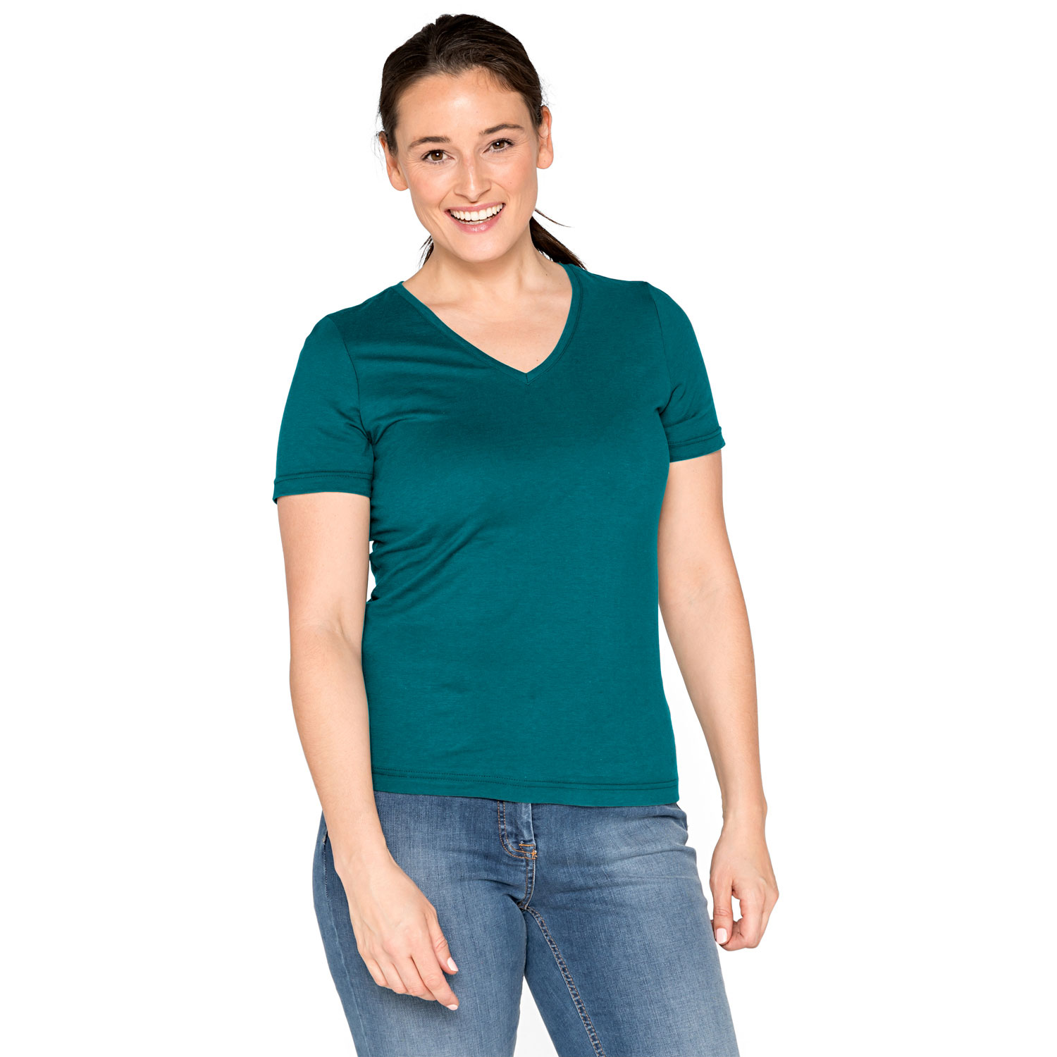 T-Shirt mit V-Ausschnitt aus reiner Bio-Baumwolle, smaragd 42 von Waschbär