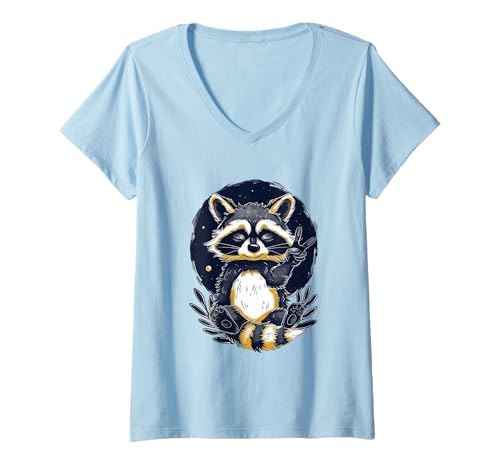 Damen Waschbär zeigt Peace Friedenssymbol coole Waschbären T-Shirt mit V-Ausschnitt von Waschbären für den Frieden