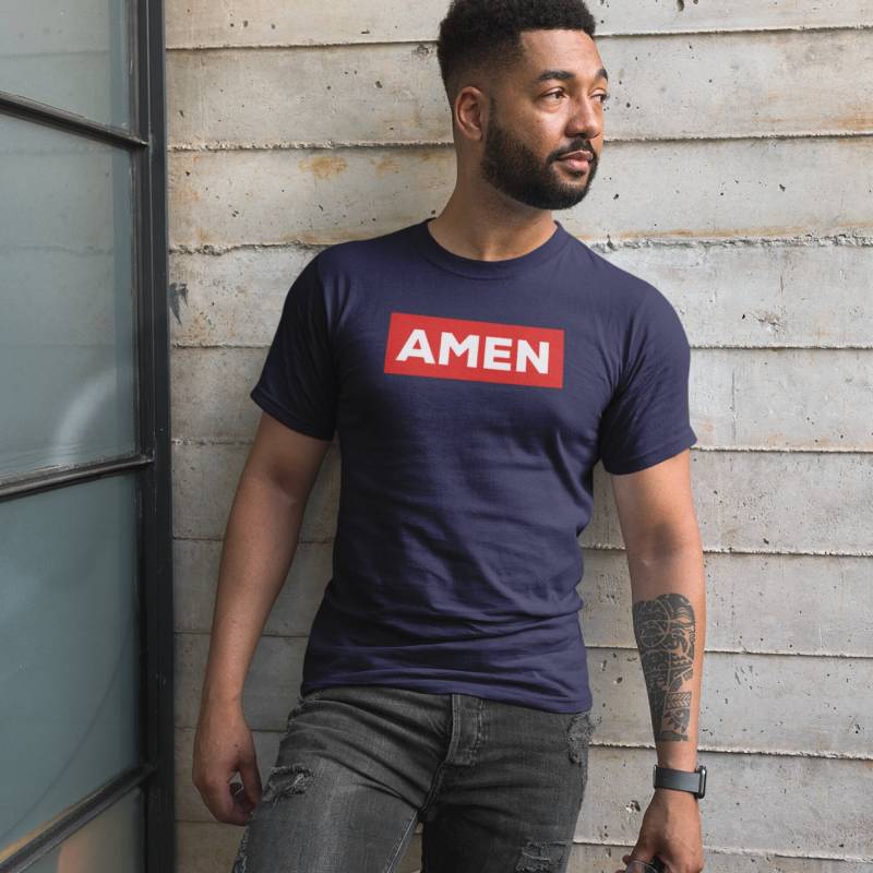 Navy Amen Christian T-Shirt Biobaumwolle Bibel Vers T-Shirt von WashedInFaith