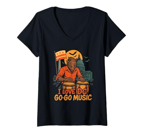 Damen Werwolf Washington DC Go-Go Drummer Halloween T-Shirt mit V-Ausschnitt Damen Werwolf Washington DC Go-Go Drummer Halloween T-Shirt mit V-Ausschnitt von Washington DC Monster Music Graphic
