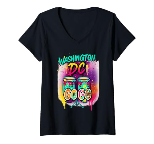 Damen Washington DC Go-Go Graffiti Drums Damen und Herren T-Shirt mit V-Ausschnitt von Washington DC Retro Funk Street Art Music Tee