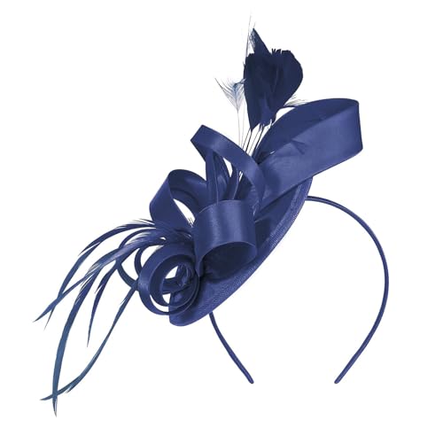 Washranp Elastisches Band Kopfschmuck Vintage Stil Haarreif Fascinator Hut mit Clip on Faux Feder Band Dekor Damen Satin Stoff Stirnband Marineblau von Washranp