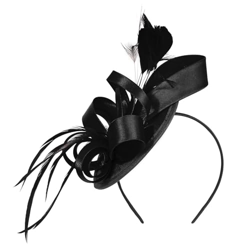 Washranp Elastisches Band Kopfschmuck Vintage Stil Haarreif Fascinator Hut mit Clip on Faux Feder Band Dekor Damen Satin Stoff Stirnband Schwarz von Washranp