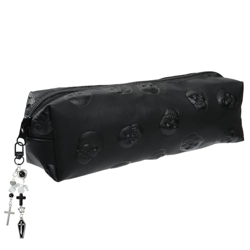 Wasise Federmäppchen im Gothic-Stil – schwarze Prägung Leder Schädel Federmäppchen mit abnehmbarem Gothic-Schlüsselanhänger, Punk-ästhetische Schreibwaren-Box, schwarze Schreibwaren-Aufbewahrungsbox von Wasise