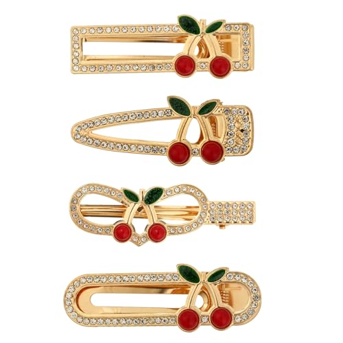 Wasise Kirsch-Haarspange – 4 Stück Kirsch-Accessoires für Frauen, Entenschnabel-Haarspangen, glänzende Strass-Haarspangen für Frauen, Obst-Haarnadeln, Zubehör, niedlich, personalisierbar, vielseitiger von Wasise