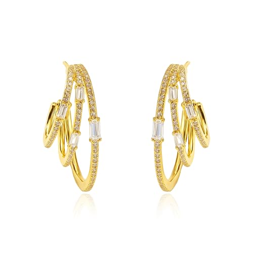 Dreifach-Creolen-Illusions-Ohrstecker für Frauen, 14 Karat vergoldet, einzigartige Diamant-Huggie-Ohrstecker für ein Piercing, Faux Multi Hoops Design, hypoallergen, Modeschmuck Ohrringe Dreifach-Creolen-Illusions-Ohrstecker für Frauen, 14 Karat vergoldet, einzigartige Diamant-Huggie-Ohrstecker für ein Piercing, Faux Multi Hoops Design, hypoallergen, Modeschmuck Ohrringe von Wassazi