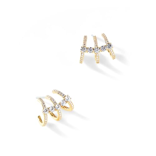 Dreifach-Creolen-Illusions-Ohrstecker für Frauen, 14 Karat vergoldet, einzigartige Diamant-Huggie-Ohrstecker für ein Piercing, Faux Multi Hoops Design, hypoallergen, Modeschmuck Ohrringe von Wassazi