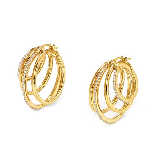 Dreifach-Creolen-Illusions-Ohrstecker für Frauen, 14 Karat vergoldet, einzigartige Diamant-Huggie-Ohrstecker für ein Piercing, Faux Multi Hoops Design, hypoallergen, Modeschmuck Ohrringe von Wassazi