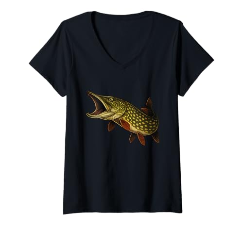 Damen Majestätischer Hecht Fischangler Motiv T-Shirt mit V-Ausschnitt Damen Majestätischer Hecht Fischangler Motiv T-Shirt mit V-Ausschnitt von Wasserabenteuer Angeln Hecht Fisch