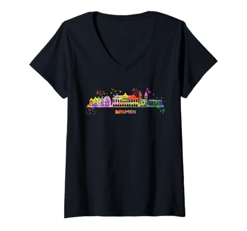 Damen Bremer Skyline Bunt Stadtbild Bremen T-Shirt mit V-Ausschnitt Damen Bremer Skyline Bunt Stadtbild Bremen T-Shirt mit V-Ausschnitt von Wasserfarben City Art Skyline Designs